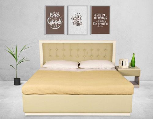 Cambric Queen Size Bed with Mattress and Side Table